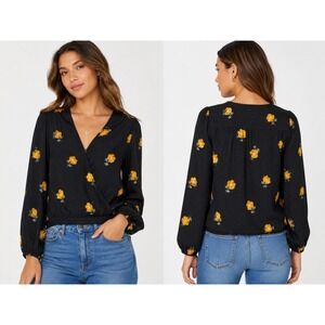 Madewell Black Floral Faux Wrap Blouse Size M Swiss Dot Long Sleeve Top